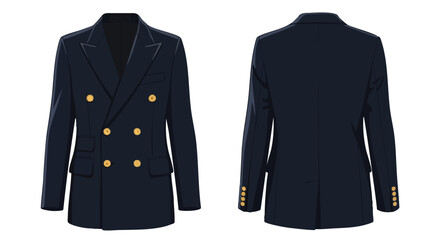 A detailed illustration showcasing a navy blue double-breasted blazer, featuring both the front and back views of the garment displayed against a