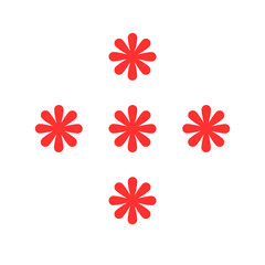 Obraz premium Bright red asterisk flower blooms in a clean minimalist pattern. Vibrant floral motif with playful geometric shapes and bold petals on a white background. 