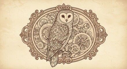 Ornate oval frame borders a detailed illustration of a barn owl superimposed over intricate mechanical gears