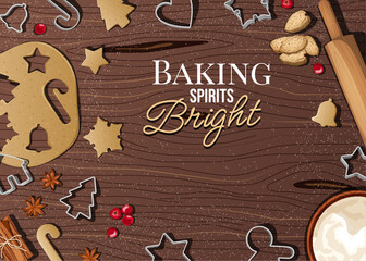 Baking Spirits Bright Template with Copy Space, Cookie Baking Ingredients & Utensils on Wooden Surface 