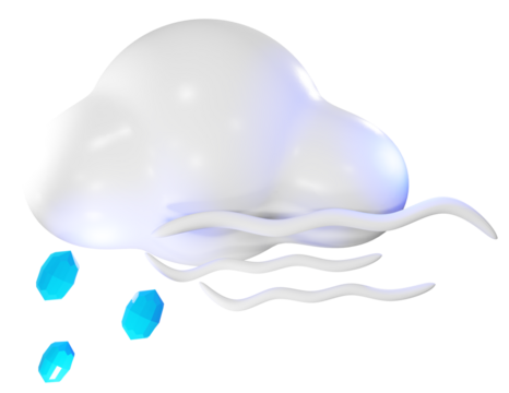 Dreamy cartoon raincloud delivering showers and windy gusts, perfect for weather reports, children's books, and whimsical designs