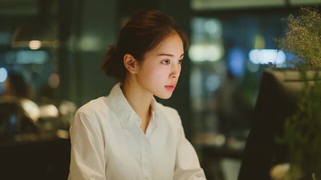 Focused contemplation: A captivating individual absorbed in thought, illuminated by the glow of a nearby monitor, creating a moment of focused reflection and quiet concentration. 