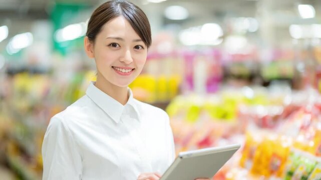 Smiling Assistant with Digital Tablet: A young, amicable assistant in a clean, bright supermarket setting, holding a digital tablet with a warm smile.
