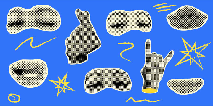 Retro halftone composition with eyes lips and hands. Abstract human face parts vector design. Pop art dotted pattern style. Modern creative collage illustration isolated on white background