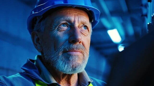 Resilient Vision: An experienced worker, clad in safety gear, gazes intently upwards, his face etched with wisdom and resolve. Capturing the dedication and expertise of the workforce.