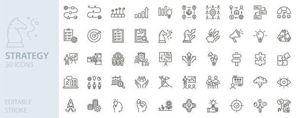 Fototapeta na wymiar Strategy icon set. Planning, vision, target, leadership, innovation icons. Thin line editable stroke vector illustrations.
