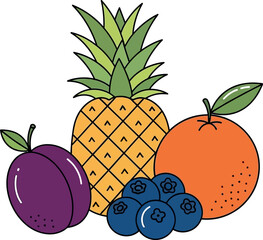 Colorful illustration of pineapple, plum, and orange