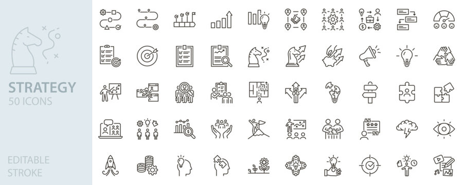 Strategy icon set. Planning, vision, target, leadership, innovation icons. Thin line editable stroke vector illustrations.