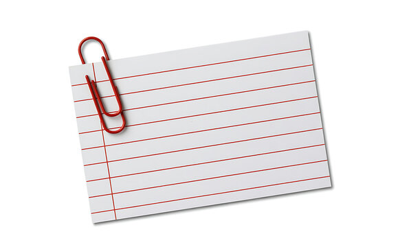 White index card with red lines and a red paperclip isolated on white background