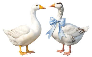 Obraz premium Two white geese, one with a blue bow, isolated on white background