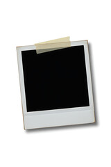 Instant photo frame with a black screen, taped to a surface, isolated on white background