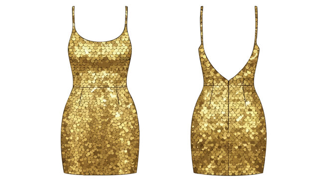Sophisticated golden sequin dress showcase, a chic garment ideal for fashion illustrations and glamorous attire presentations