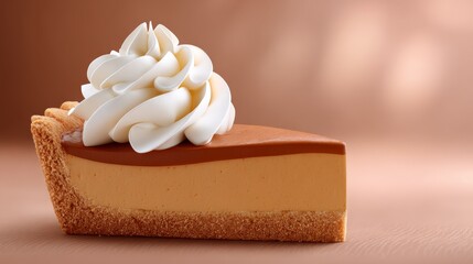 Rich creamy cheese pie slice topped with sweet fluffy whipped cream dessert delight.