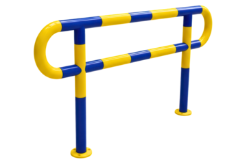 Industrial safety barrier with yellow and blue stripes on a transparent background