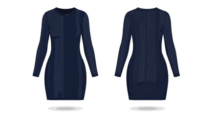 Sophisticated front and back views of a navy blue ribbed knit dress with long sleeves, showcasing a simple yet elegant design