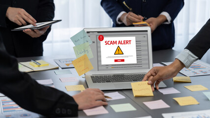 Analyst team use sticky note for creative and analytic brainstorm for business idea with BI data dashboard on laptop screen. Analysis financial data visualization tech for marketing strategy. Prodigy