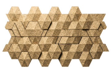 Brown hexagonal sound-absorbing panels for interior design on a transparent background