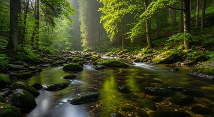 Fototapeta premium Serene Forest Stream Flowing Through Lush Green Landscape.