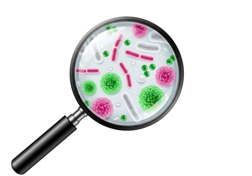 Magnifying glass viewing colorful bacteria and microorganisms isolated on transparent background