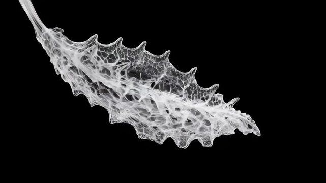 A delicate leaf featuring a lace-like skeleton is displayed against a stark black background. The intricate veins highlight the beauty of natural patterns and forms in botany.