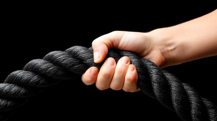 Strong hand gripping thick nautical rope demonstrating secure hold and firm connection strength safety adventure.