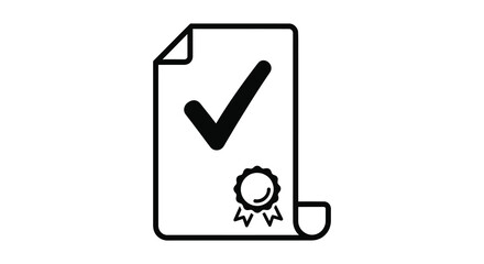 A simple black and white silhouette of a document with a checkmark and a seal of approval representing a verified or approved certificate or report