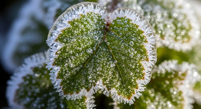Macro close-up of a green leaf covered in delicate frost crystals and water droplets.