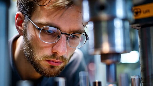 Focused Engineer Inspecting Machinery: An engineer, with a keen focus, meticulously examines complex machinery components.