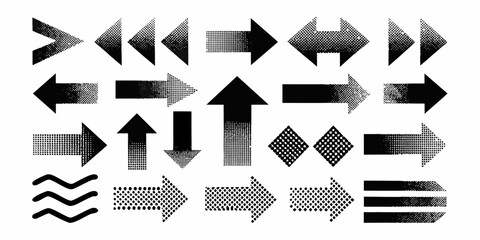 Collection of diverse black arrows and graphic elements with halftone and grunge textures on white background