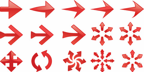 Collection of various red glossy arrows pointing in different directions and forming circular patterns