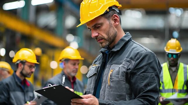 Blueprint of Precision: An astute foreman, enveloped by the ambiance of an industrial interior, meticulously examines a clipboard, symbolizing unwavering commitment and the pursuit of flawlessness.