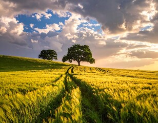 Rolling green field with golden grain, two trees, and a cloudy sky
