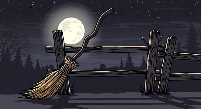 A witchs broomstick leaning against a wooden fence under a full moon.