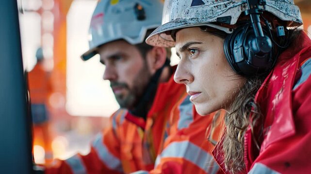Focused Determination: Two industry professionals, heads bent in concentration, analyze complex data and collaborate, the scene lit by the glow of the monitor