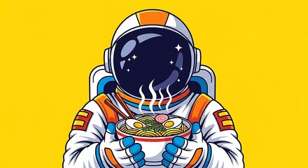 Cartoon astronaut in space suit holding a bowl of ramen against a yellow colored background art