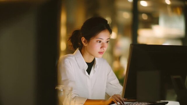 Focus and Determination: An attentive individual, engrossed in a task, intently working on a computer at the workplace, radiating focus, competence, and a dedicated work ethic.