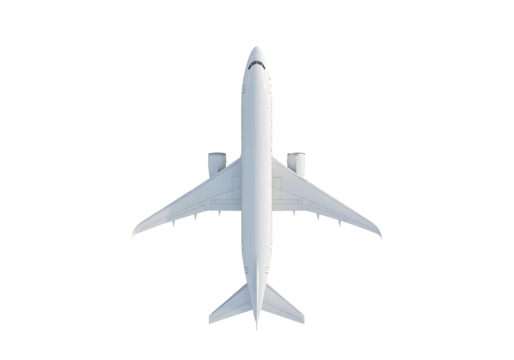 White passenger jet airplane from above isolated on transparent background