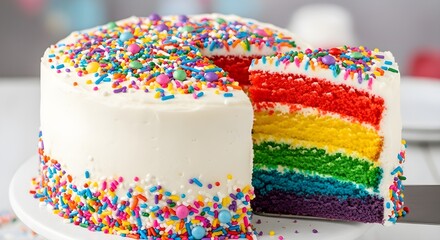 A close-up picture of  delicious rainbow cake with colorful sprinkles on it