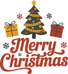 Merry christmas greeting card design element with festive evergreen tree presents and snowflakes on white background