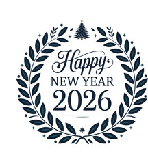 Happy new year 2026 greeting card design with laurel wreath and christmas tree icon on white background vector illustration
