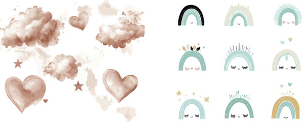 The watercolor illustration set includes a boho-style rainbow accompanied by a sun, cloud, and star