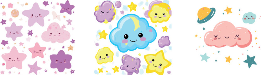 Set of watercolor illustrations depicting clouds, stars, suns, rainbows, and boho-inspired design elements