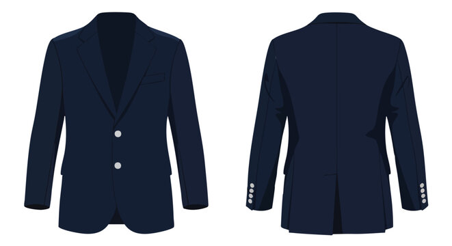 Illustrated navy blue suit jacket displaying its front and back design details on a white background