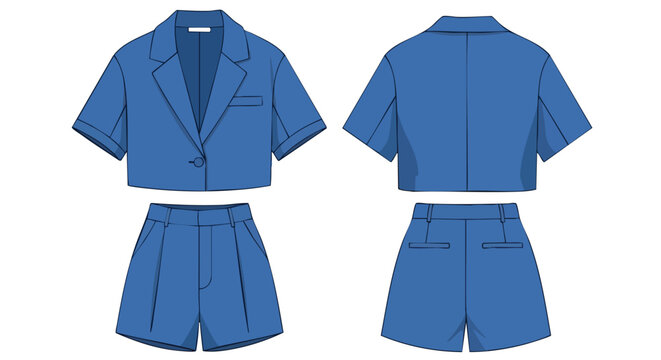 Illustration of a stylish blue summer suit: crop blazer jacket and high-waisted shorts design sketch, perfect for warm-weather wardrobe planning