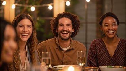 A joyful gathering of friends laughing and enjoying each other's company at a dinner party, illuminated by warm string lights.