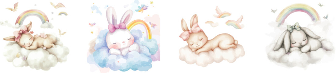 A watercolor illustration shows a baby rabbit asleep on a rainbow with an assortment of stars and butterflies nearby