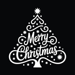 Merry christmas text incorporated into a festive decorative white christmas tree silhouette vector graphic element holiday design.