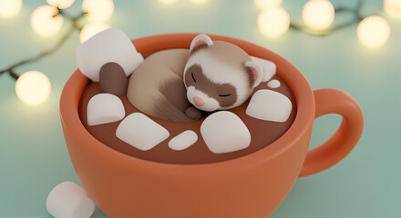 A cute ferret sleeping in a mug of hot chocolate with marshmallows. Cozy winter holiday scene with warm lights. Adorable animal character illustration