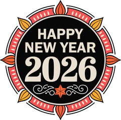Happy new year 2026 circular vintage badge vector illustration with ornamental elements and retro color palette.