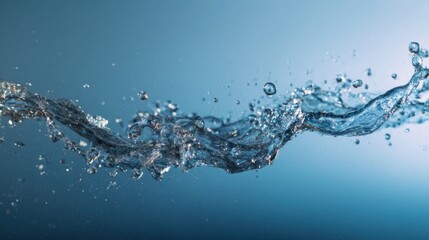 A dynamic moment of clear water splashing mid-air with curved waves and scattered droplets,